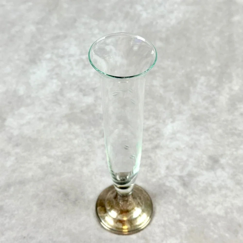 Alvin Sterling Silver Glass Bud Vase Etched Floral Design Cement Filled Base
